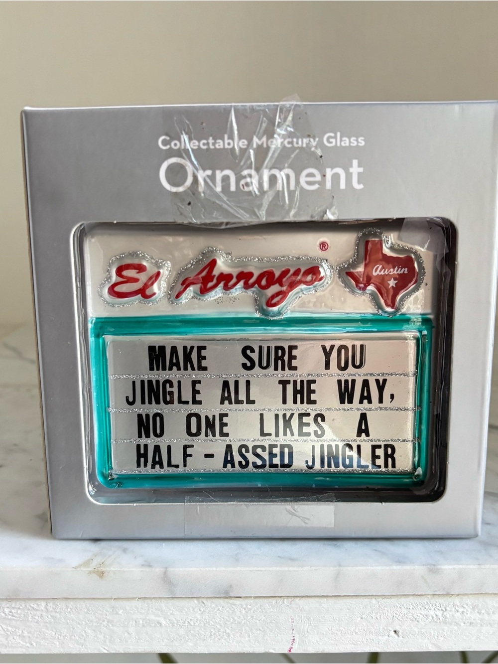 El Arroyo Austin, Texas Half-Assed Jingler Mercury Glass Christmas Ornament NEW